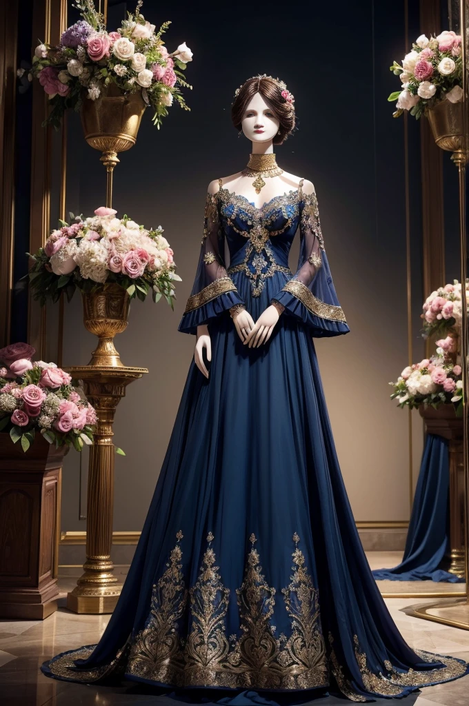A (((headless mannequin))) stands tall and straight, showcasing a stunning Persian Qajar era gown. The dress is a long, flowing creation crafted from a breathtaking fabric of the deepest sapphire blue. Intricate floral embroidery in shimmering gold thread winds across the bodice and cascades down the full skirt, like a blossoming Persian garden.  A short, fitted bolero jacket with wide sleeves complements the dress, adorned with delicate embroidery that echoes the floral motifs.  The background features a perfect rectangular frame overflowing with a profusion of colorful flowers. A lone nightingale, its feathers a mesmerizing blend of auburn and grey, perches regally on a branch laden with crimson roses and delicate peonies. The contrast between the vibrant dress and the melancholic beauty of the floral scene creates a sense of drama and mystery.

pen_spark

