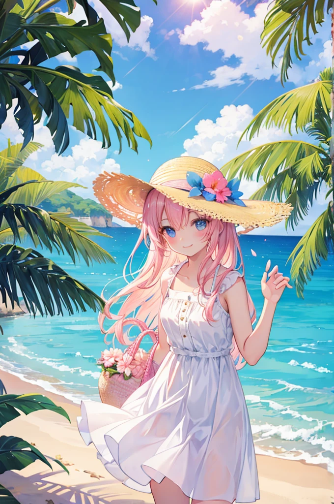 beautiful girl smile Pink straw hat White dress blue sea White sand beach Light of the sun