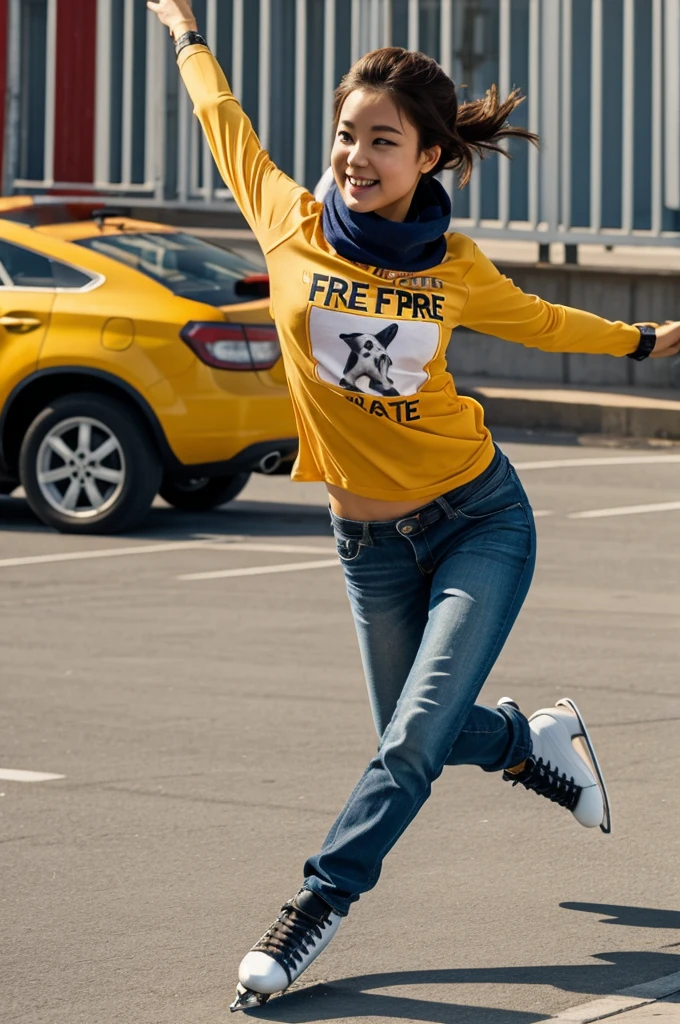 Dog skating with shirt that says free fire