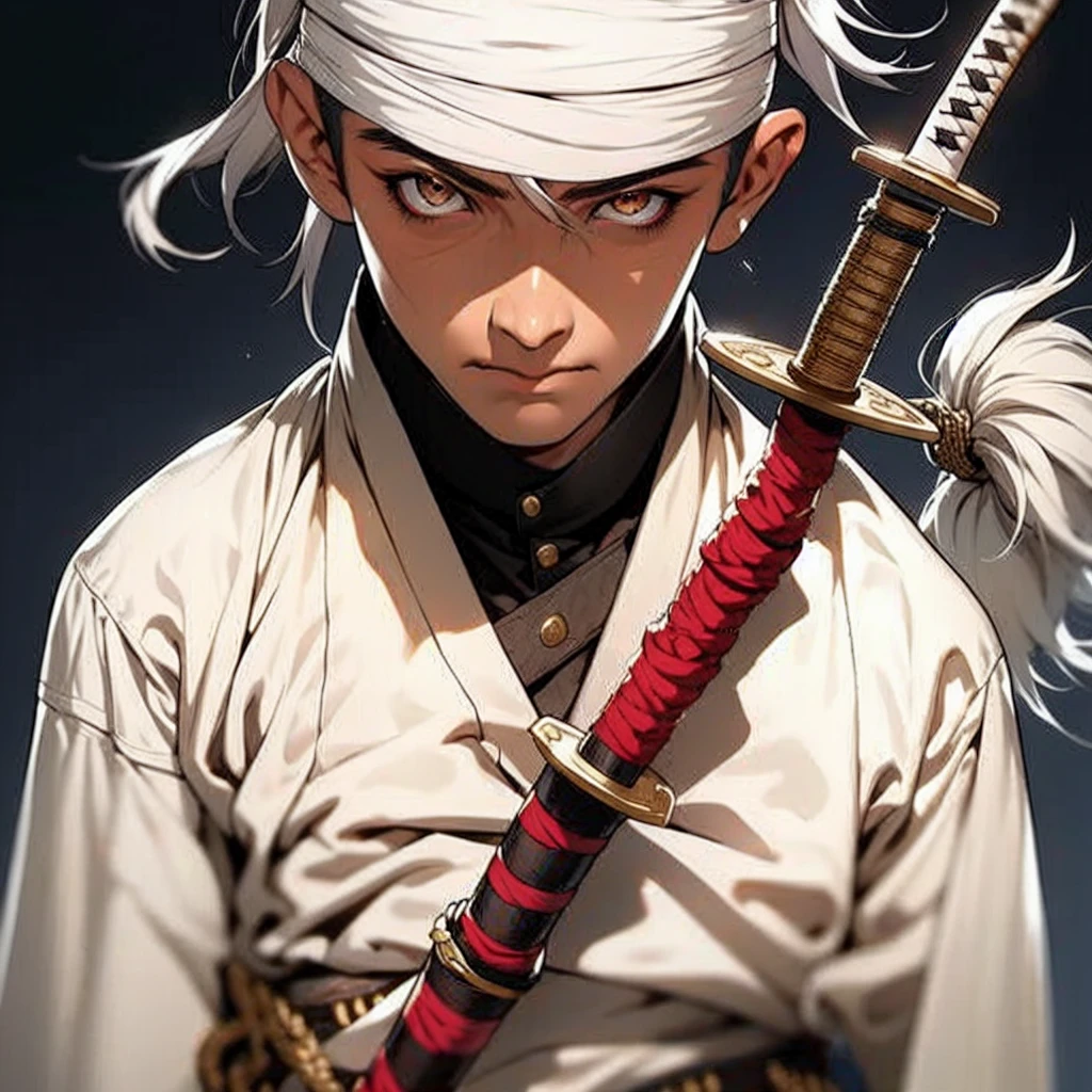 ,sword, weapon, katana, sheath, famale_focus, sheathed, scabbard, bandages, 1boy, headband, white_hair, solo, weapon_on_back, ready_to_draw