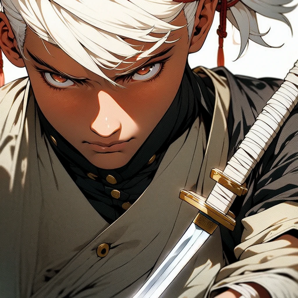 ,sword, weapon, katana, sheath, famale_focus, sheathed, scabbard, bandages, 1boy, headband, white_hair, solo, weapon_on_back, ready_to_draw