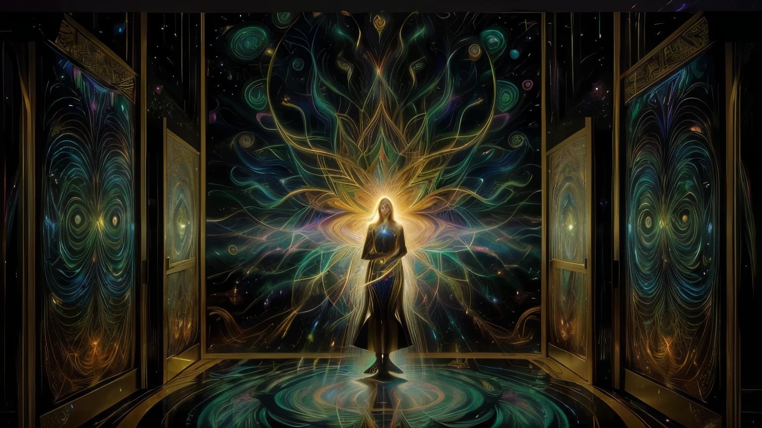 painting of a spirit a person standing in a doorway with a light shining through it, dan mumford and alex grey style, astral appearance, consciousness projection, opening a shining portal, an interdimensional being, by Amanda Sage, visionary art style, dmt entity, james r. eads, dmt entities, enlightenment tripping on dmt, cosmic enlightenment, glowing from within