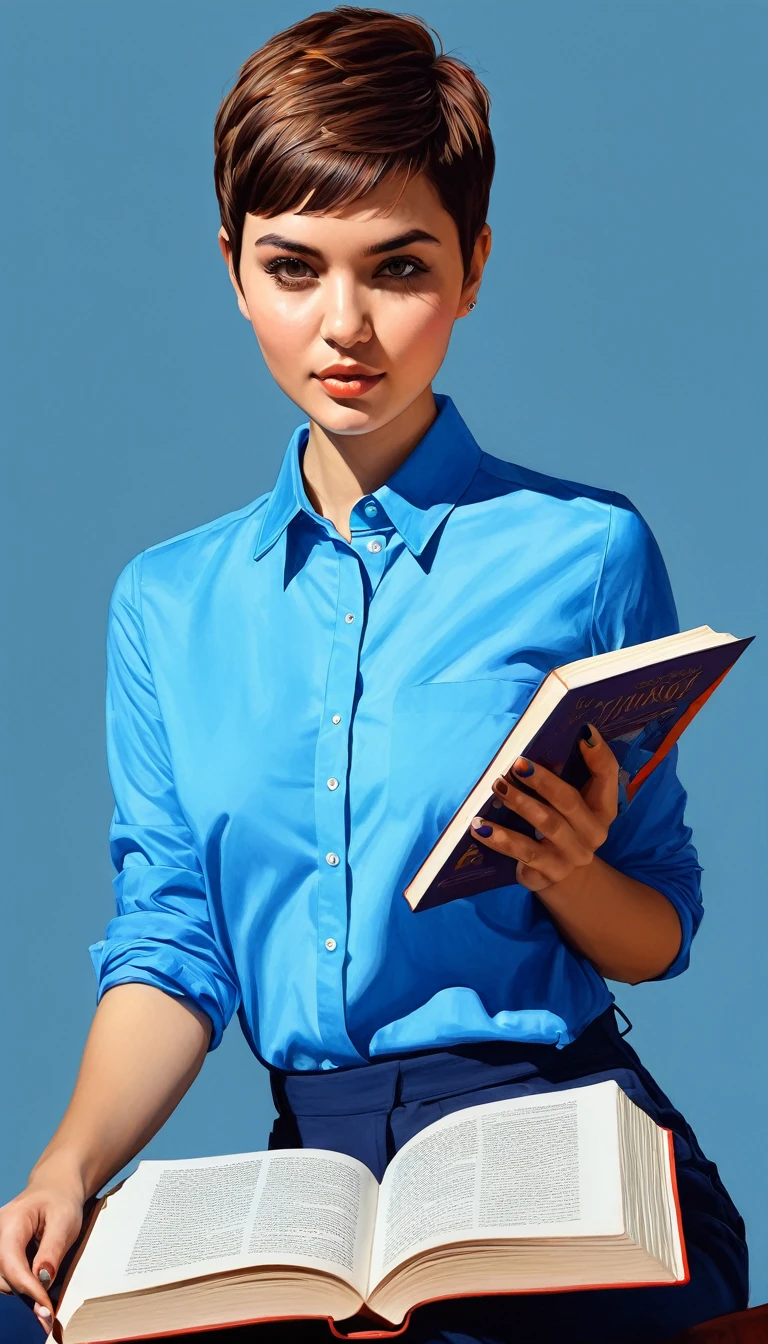 create a woman with pixie cut hair ,with blue shirt , with a book ,masterpiece, estilo illustration de Ali Erturk, high detail, hyperrealistic, natural light,illustration , Bright colors
