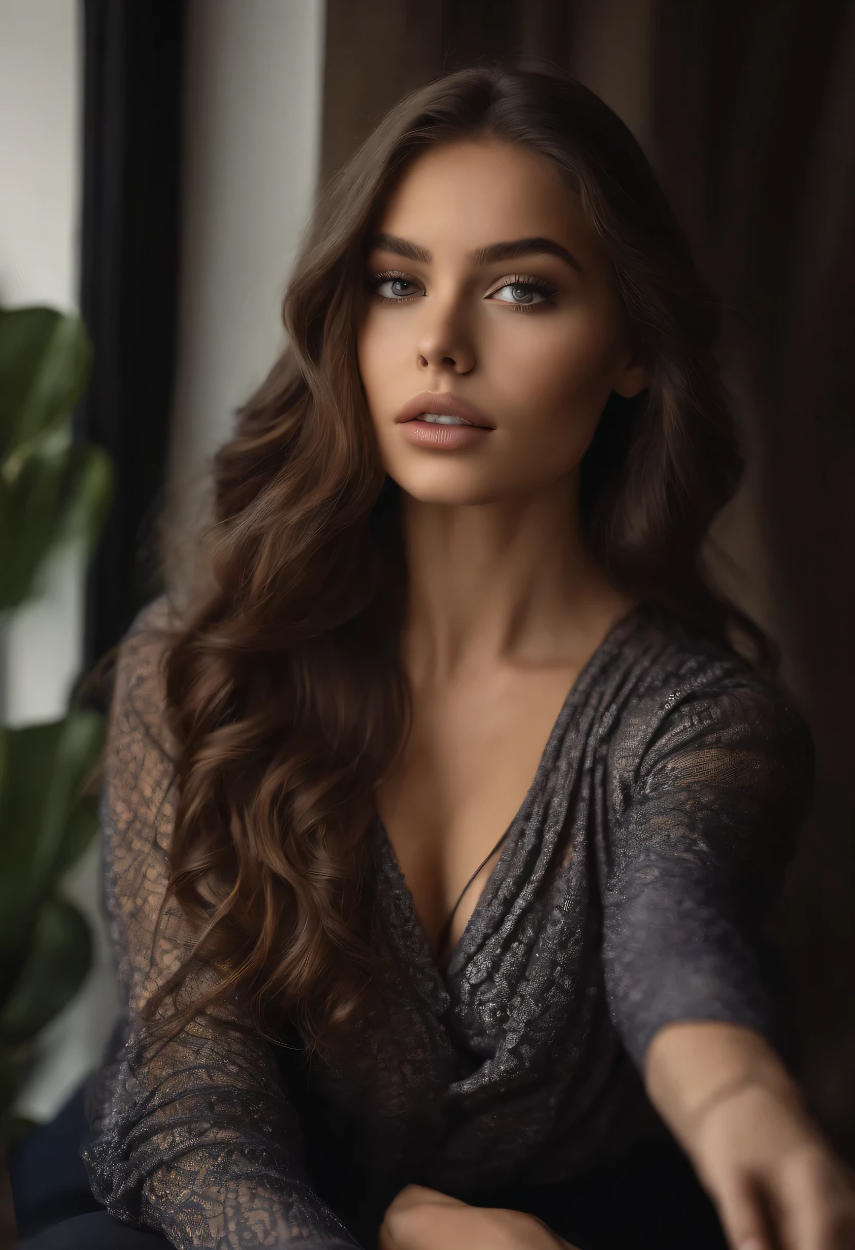 Femme latino et suédoise , fille y aux yeux bruns, ultra réaliste, Méticuleusement détaillé, Portrait de Sophie Mudd, cheveux bruns et grands yeux, selfie d'une jeune femme, Yeux de chambre, violette myers, sans maquillage, Maquillage naturel, regarder directement la caméra, Visage avec Artgram, Maquillage subtil, Superbe photo de tout le enouillé sur le lit, dans la chambre, Buste moyen à large, en jupe noir sexy, e haunoir a talon, un ben dentelle, une veste ouverte et des bas resiles