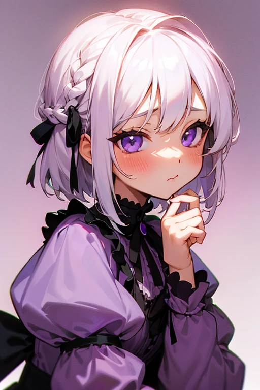 Short white hair, blush, Headbang 2.、cute、Beautiful woman、Stylish Gothic Lolita、Purple clothes、、Braiding、Background Paris、