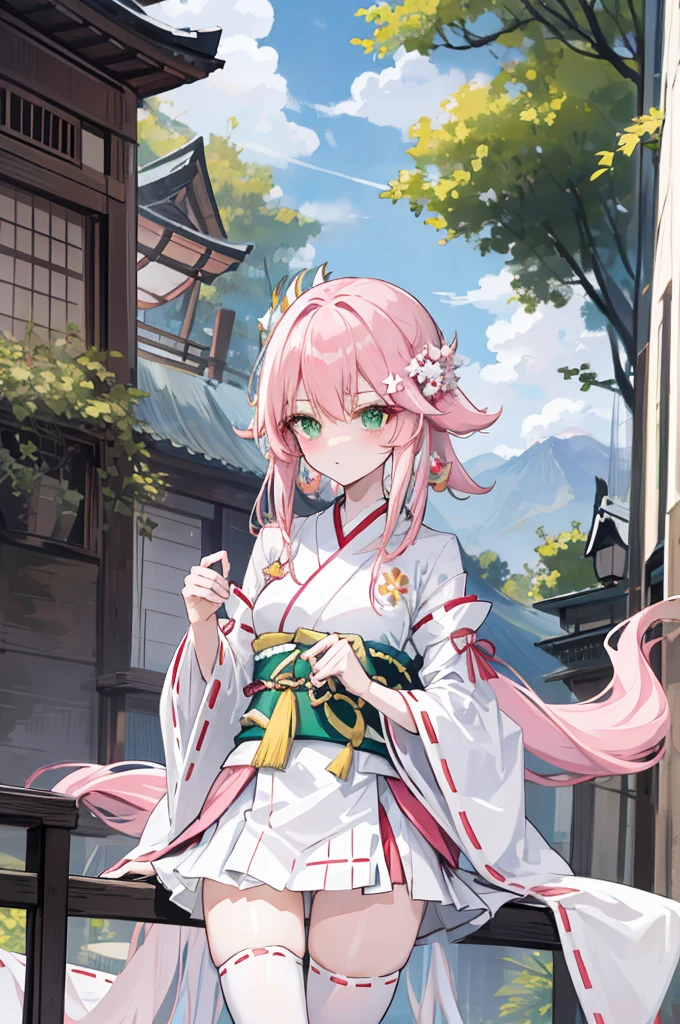 A pink-haired,The hair was long,green eyes,Very long dull hairs,Outwardly lazy,white kimono costume,White miko stockings,white mini skirt,