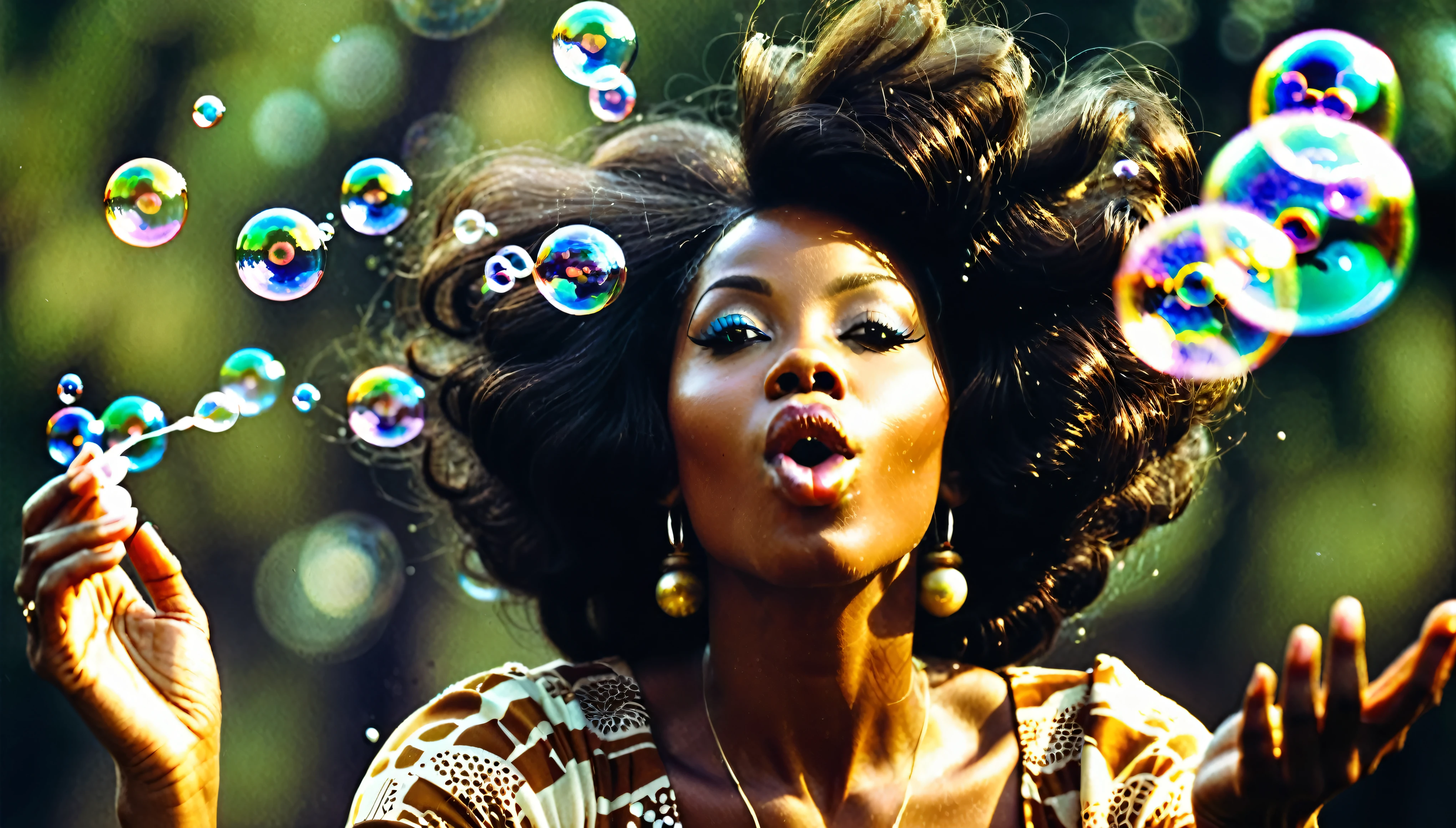 1970s photo of a beautiful african-american woman blowing bubbles into the air, atmospheric perspective, textured skin, cinematic action, super detail,