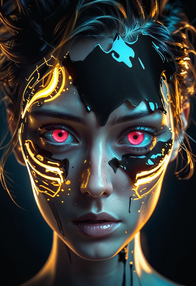 (extremely creative production:2), (deconstructionism:0.9), (oily ferrofluids:0.6), (Surrealism, pop art:0.9), (a torn image, distorted and mutilated, scary messy face), (the image induces vertigo, turning and folding in on itself, an absolute abstraction of the human soul, leaving the viewer feeling powerless:1.2), (We need to ask where our reality begins and ends:0.2), (eyes made with puffy paint, neon glow borders, back-illuminated:0.7),