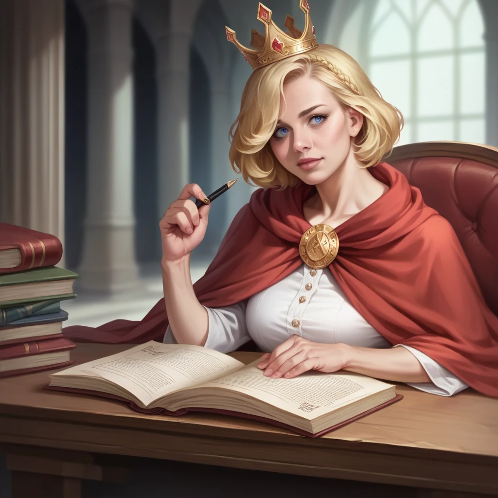(Masterpiece: 1.2, Best Quality), Realistic, (Realistic Picture, Complex Details, Depth of Field), Best Quality, Masterpiece, Highly Detailed, Semi Realistic, 1 Girl, Mature Female, 21 Years Old, Blond Hair, Shoulder length Short Hair, Left Eye Covered with Hair, Blue Eyes, King's Clothes, Red Cloak, Slim Figure, Crown Made of Precious Gold, Reading Documents, Marking Documents, Goose Hair Pen, Office Table, Soft Bench, Palace, In the palace, during the Middle Ages