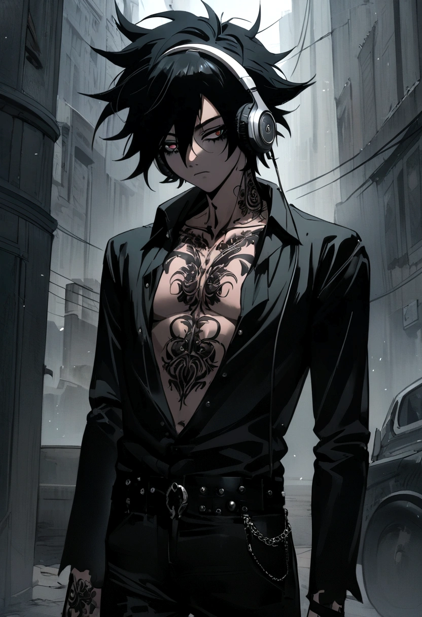 emo man (anime style) with disheveled hair with a black dress shirt open at the chest and with tattoos black pants with headphones on with spikes around them