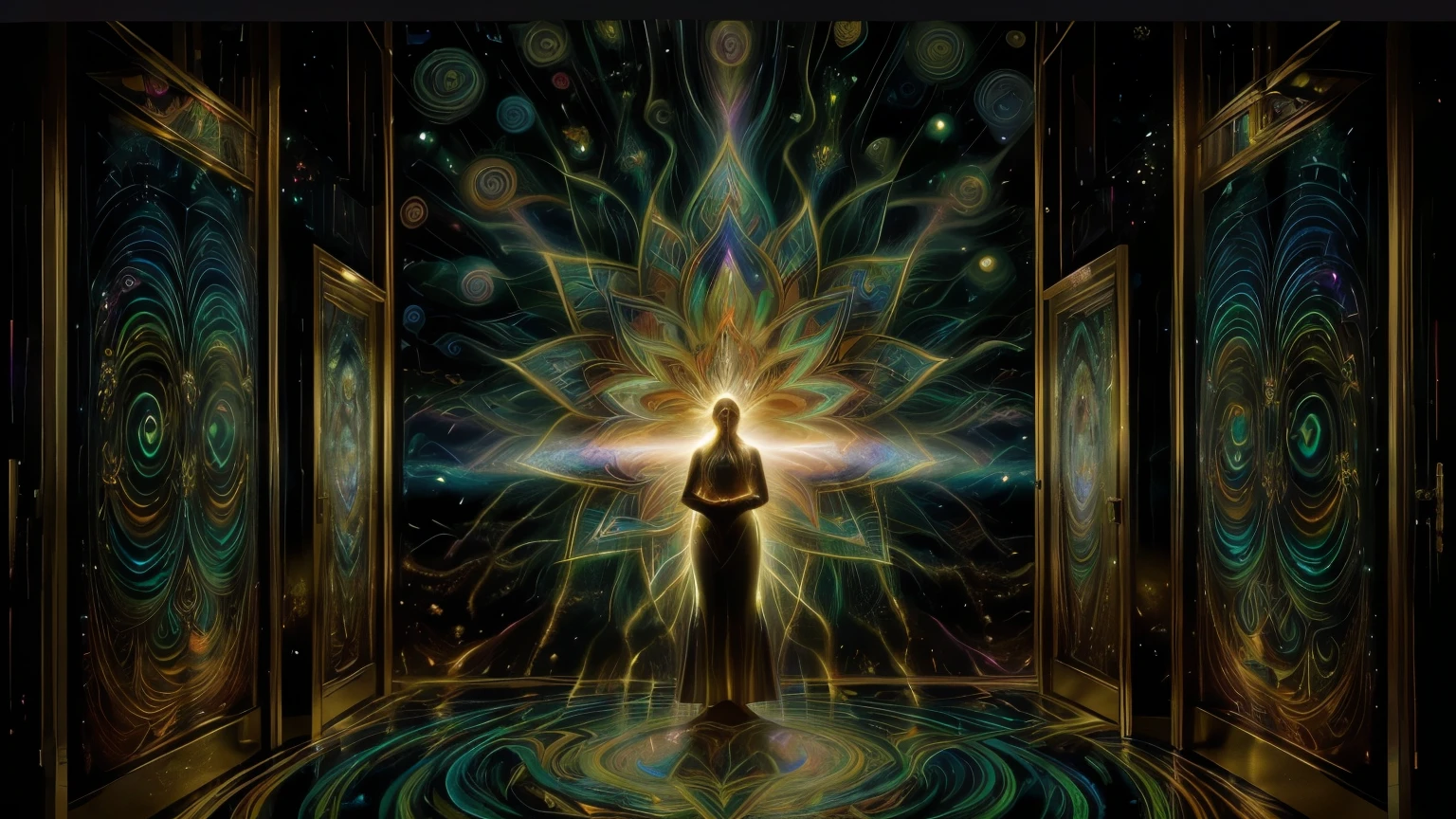 painting of a spirit a person standing in a doorway with a light shining through it, dan mumford and alex grey style, astral appearance, consciousness projection, opening a shining portal, an interdimensional being, by Amanda Sage, visionary art style, dmt entity, james r. eads, dmt entities, enlightenment tripping on dmt, cosmic enlightenment, glowing from within