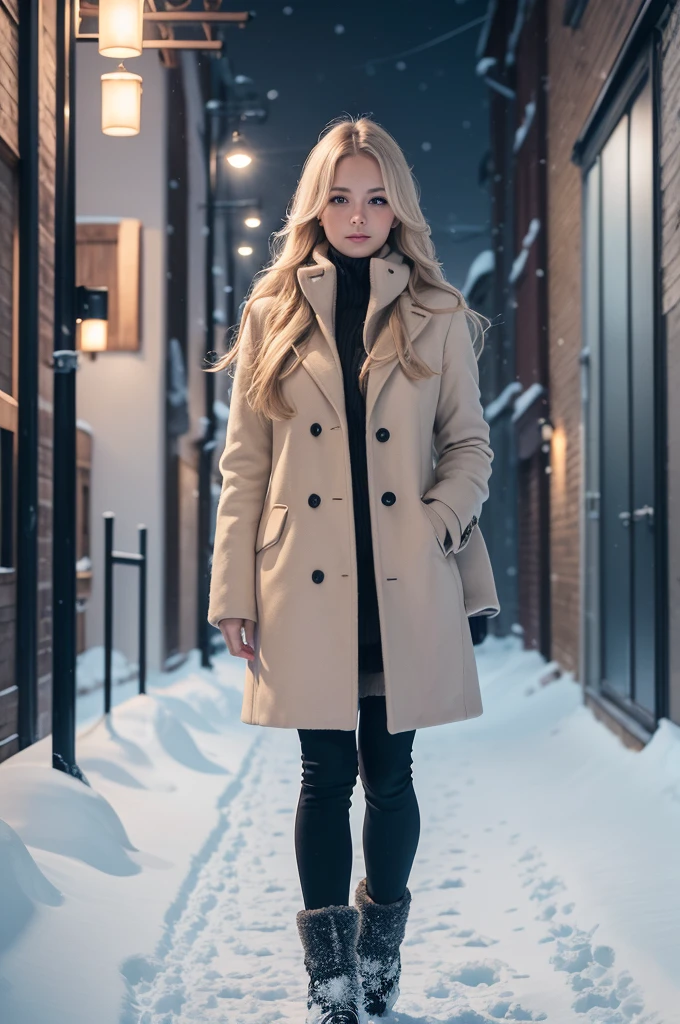 professional photography of a beautiful norwegian girl in winter clothes with long wavy blonde hair, sensual and seductive look, beautiful symmetrical face, beautiful natural makeup, wearing chic warm winter fashion clothing, ((standing outside on the snowy city street)), impressive modern urban environment, ultra realistic, conceptual artwork, chic, highy detailed, intricate, sharp focus, Depth of field, f/1. 8, 85 mm, medium shot, mid shot, (((professional color grading))), soft and bright diffused light, (Volumetric fog), Trends on Instagram, HD 4k, 8K