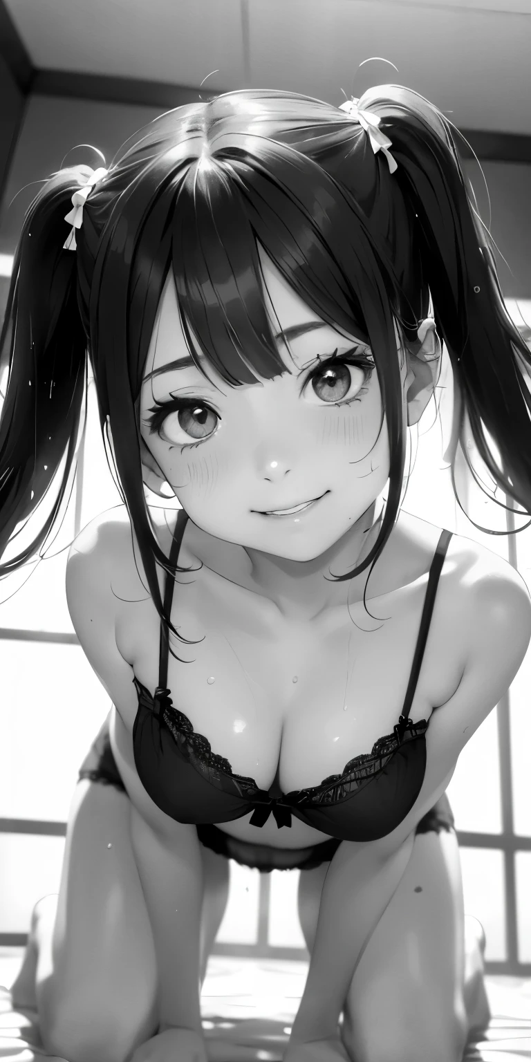 Twin tail hair、My breasts are wet with milk、smile、Accentuate your cleavage、Blushing(Skin Gloss 6.0)Realistically.()((Close-up shot looking up from under the floor、))Pose on all fours、Wearing a camisole、Wear lace panties、Background Young children'room、Be a little sexy