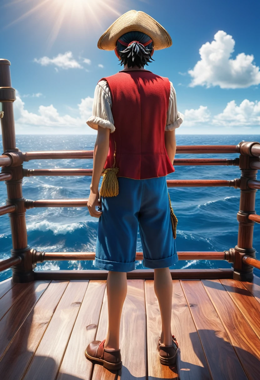 Luffy on the ship, back view, standing heroically, detailed wooden deck, pirate hat, red vest, blue shorts, ocean background, sunny sky, photorealistic style, dramatic lighting, high detail, cinematic composition.