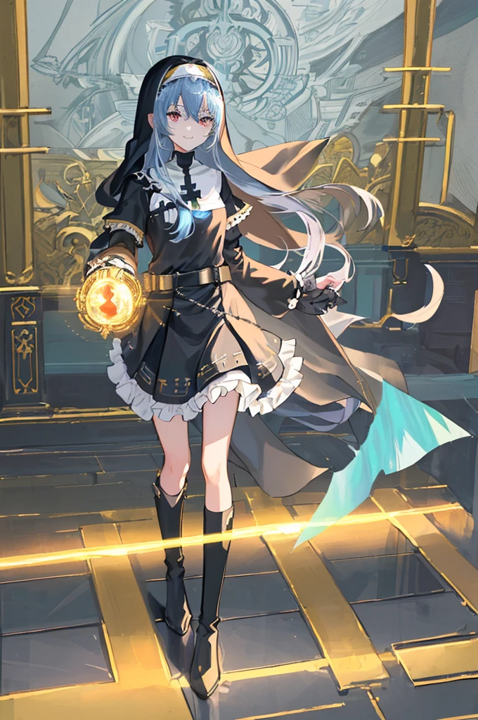 [(cathedral background:1.4)::5],Original,(Illustration:1.1),(Best Quality),(masutepiece:1.1),(the Extremely Detailed CG Unity 8K Wallpapers:1.1), (Colorful:0.9),(mid-shot:0.95),(Full body:1.5),Dynamic Angle,(Solo:1.2), (girl),(((Adult))), (Detailed beautiful eyes:1.15), (Beautiful face:1.15), (Glowing black eyes:1.25////),(Blue Long Hair),(nun headdress),(+perfect hand+:1.21),(Draw an illustration of a Holy Knight Wizard),(Religious),(slender),(she has boots on her feet),((I'm wearing black knee-high socks)),Smile,(Ruffled miniskirt with metal embellishments),beautiful slender adult,((theater background)),