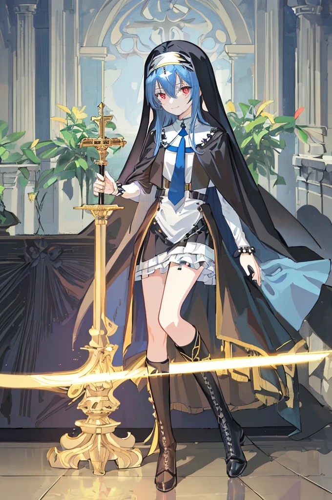 [(cathedral background:1.4)::5],Original,(Illustration:1.1),(Best Quality),(masutepiece:1.1),(the Extremely Detailed CG Unity 8K Wallpapers:1.1), (Colorful:0.9),(mid-shot:0.95),(Full body:1.5),Dynamic Angle,(Solo:1.2), (girl),(((Adult))), (Detailed beautiful eyes:1.15), (Beautiful face:1.15), (Glowing black eyes:1.25////),(Blue Long Hair),(nun headdress),(+perfect hand+:1.21),(Draw an illustration of a Holy Knight Wizard),(Religious),(slender),(she has boots on her feet),((I'm wearing black knee-high socks)),Smile,(Ruffled miniskirt with metal embellishments),beautiful slender adult,((theater background)),