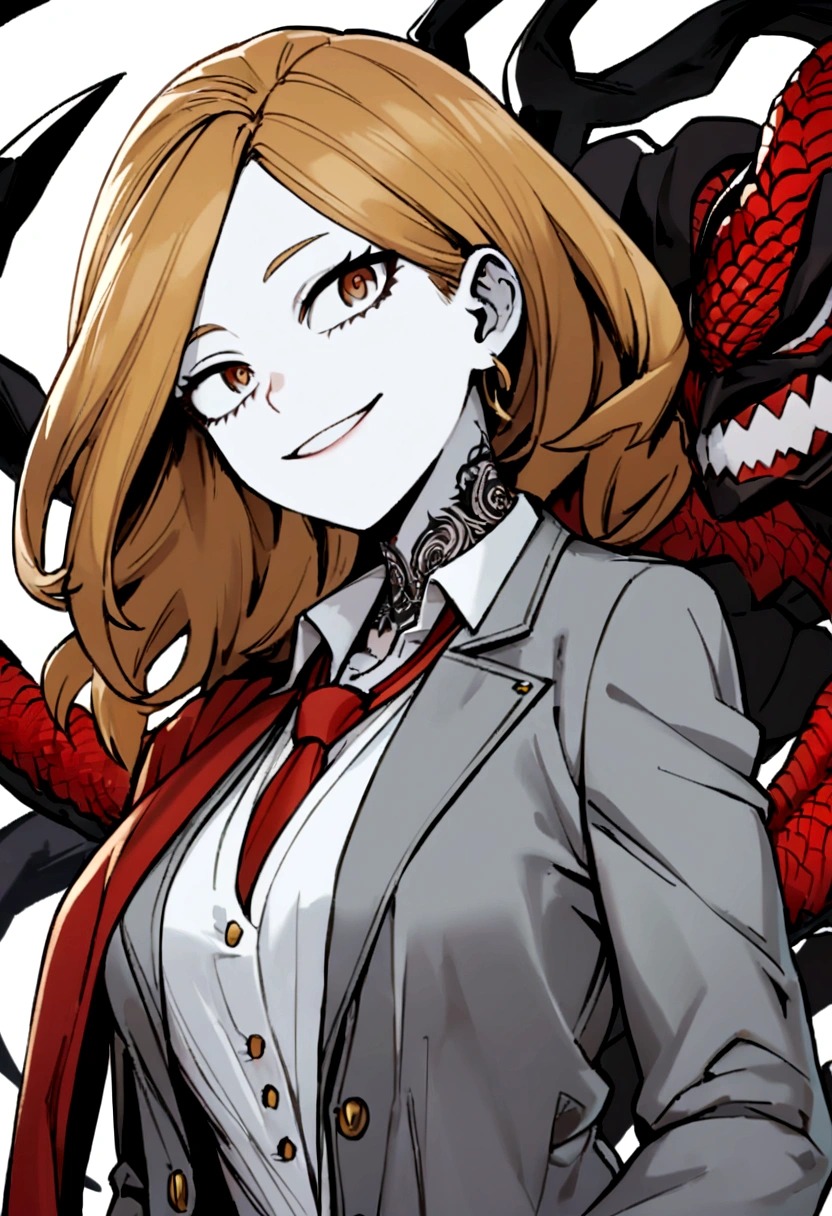 My Hero Academia version screenshot: a girl smiling kindly with brown hair and blonde highlights, long brown eyes and white skin with a tattoo on her neck that goes over her left shoulder dressed in a gray jacket, a red tie and a white shirt , with a symbiote (Venom) on his right shoulder  
