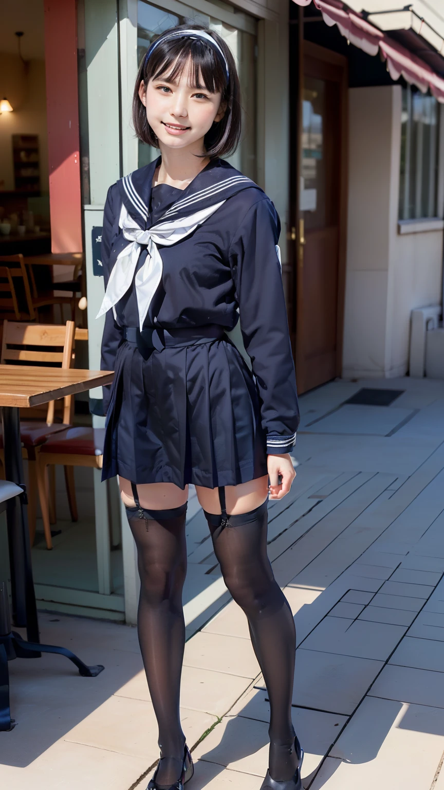 sailor uniform, One Woman, (Beautiful woman, delicate :1.3), Black Hair, short bob cut, bangs, (8k), (highest quality: 1.2), (Realistic), (Realistic: 1.37), (masterpiece), (Ultra-high resolution), (RAW Photos), (Absolute Resolution), (face is small compared to body: 1.4), (Small face:１.4), balanced face, (Small Mouth: 1.4), (Slim female body: 1.4), (((long sleeve sailor uniform))), Realistic high school girl, (White headband:1.4), Small breasts, Slanted Eyes, Bright Blue Eyes, (Cafe on the open terrace), smile, Blurred, ((Full Body Shot)), (Black Stockings:1.4), Black garter belt, Three white lines on the collar of a sailor uniform, 