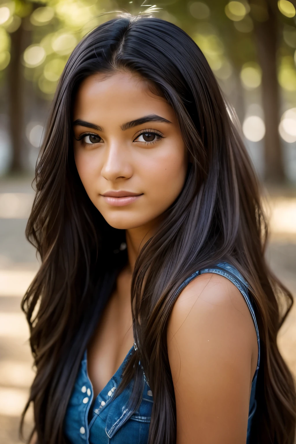 A photorealistic portrait of a 21-year-old colombian girl with long, flowing dark hair and striking dark eyes. She should have a natural, approachable expression and be illuminated by soft, golden-hour sunlight. The background should be a scenic outdoor setting, perhaps a sunlit park or beach. Capture this image with a high-resolution photograph using an 85mm lens for a flattering perspective.
