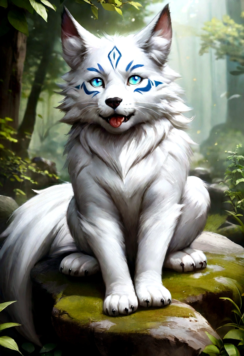 Anime Cat with green eyes and mouth open sitting on a rock, realistic Anime Cat, Warrior cats fan art, very very beautiful furry art, ashfur from Warrior cats, Anime Cat, white wolf, white fox anime, Growling, furry wolf, white wolf with blue eyes, a white wolf, Warrior cats, an anthro wolf, furry fantasy art