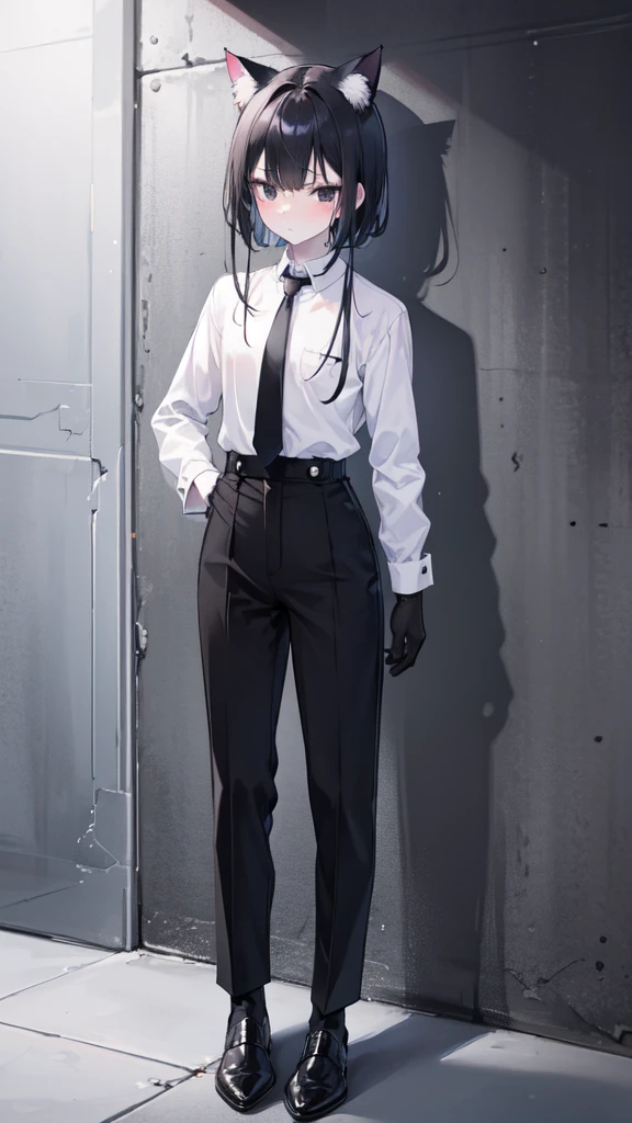 18-year-old Shota,Very white skin,cute,Wear a white long-sleeved shirt and a black work tie,Wear black pants,Wear black booties,Wear white gloves,wear cat ear,Black hair,Black eyes,Handsome,Disdainful and cold expression,shy,blush,porn