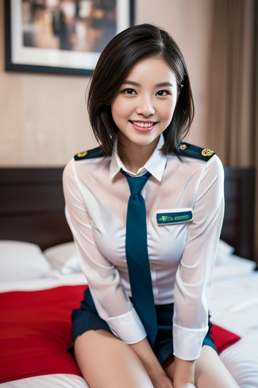 (a gorgeous lady, 21, Flight Attendant uniform, Shenzhen Airlines Stewardess, wet white shirt and wet red mini-skirt, kneeling in her bedroom, dimpled smile, short ponytai hair, short bob hair, cute snaggleteeth, well-endowed round bosom, long flawless legs, photorealistic, beautiful detailed eyes, beautiful detailed face, hyper-realism, high contrast, ultra HD, realistic skin textures, top image quality, top-quality, super high resolution, fine details, very meticulously, close-up shot, head to thigh, romantic night, bokeh background)