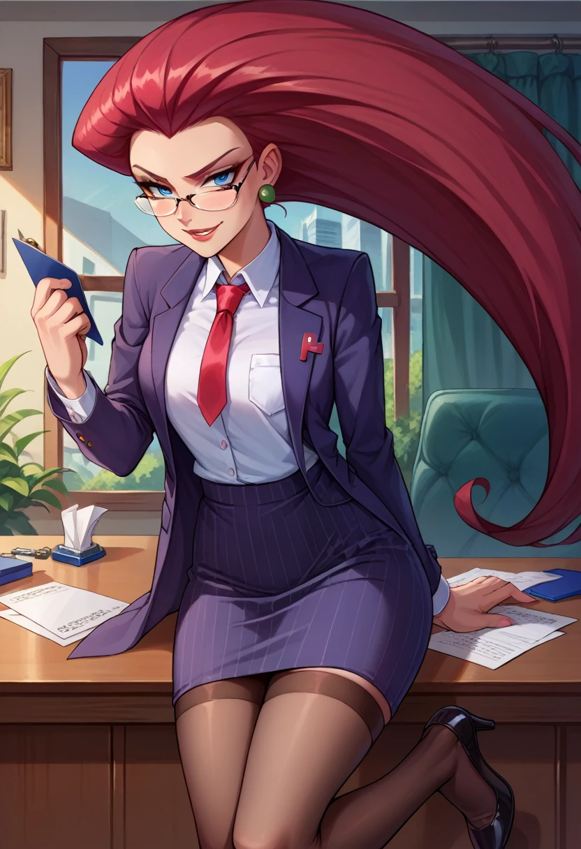 score_9,score_8_up,score_7_up,score_6_up, source_anime, 1girl, solo, (((EPpkJessie))), long hair, blue eyes, glasses, red hair, hair slicked back, pinstripe skirt suit, suit and tie, (((three-piece suit))), silk dress shirt, shirt and tie, necktie, ((blazer)), ((suit jacket)) ((waistcoat)), ((bodycon miniskirt)), stockings, high heels, tie clip, pocket square, tailored suit, (((cufflinks))),
office, holding clipboard, smug, confident, arrogant