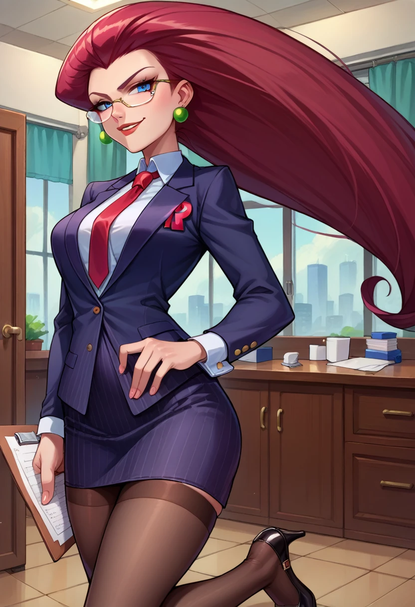 score_9,score_8_up,score_7_up,score_6_up, source_anime, 1girl, solo, (((EPpkJessie))), long hair, blue eyes, glasses, red hair, hair slicked back, pinstripe skirt suit, suit and tie, (((three-piece suit))), silk dress shirt, shirt and tie, necktie, ((blazer)), ((suit jacket)) ((waistcoat)), ((bodycon miniskirt)), stockings, high heels, tie clip, pocket square, tailored suit, (((cufflinks))),
office, holding clipboard, smug, confident, arrogant