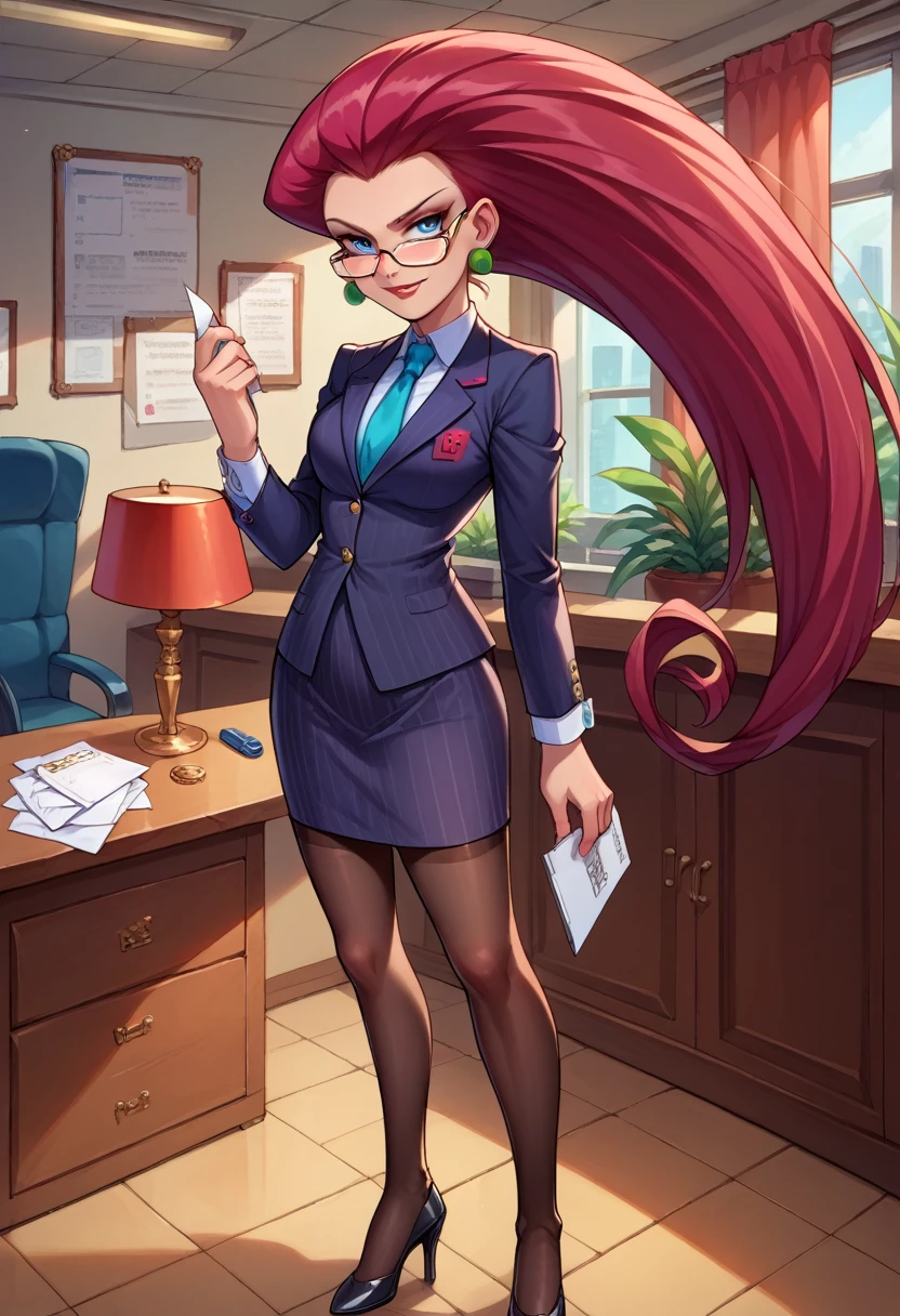 score_9,score_8_up,score_7_up,score_6_up, source_anime, 1girl, solo, (((EPpkJessie))), long hair, blue eyes, glasses, red hair, hair slicked back, pinstripe skirt suit, suit and tie, (((three-piece suit))), silk dress shirt, shirt and tie, necktie, ((blazer)), ((suit jacket)) ((waistcoat)), ((bodycon miniskirt)), stockings, high heels, tie clip, pocket square, tailored suit, (((cufflinks))),
office, holding clipboard, smug, confident, arrogant