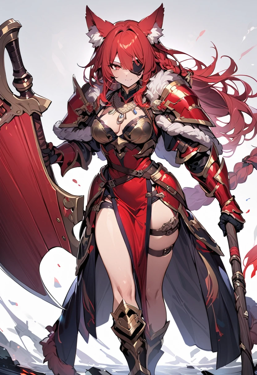 (masterpiece:1.2), (highest quality:1.2), axe, holding-axe, holding, solo, weapon, simple-background, braid, red-hair, holding-weapon, armor, full-body, long-hair standing, claws, animal-ears, jewelry, red-eyes, shoulder-armor, loincloth, tail, bandages, necklace, tooth-necklace, fur, scar, eyepatch, pauldrons, thigh-strap, pelvic-curtain brown-fur, 1girl, single-braid, mask