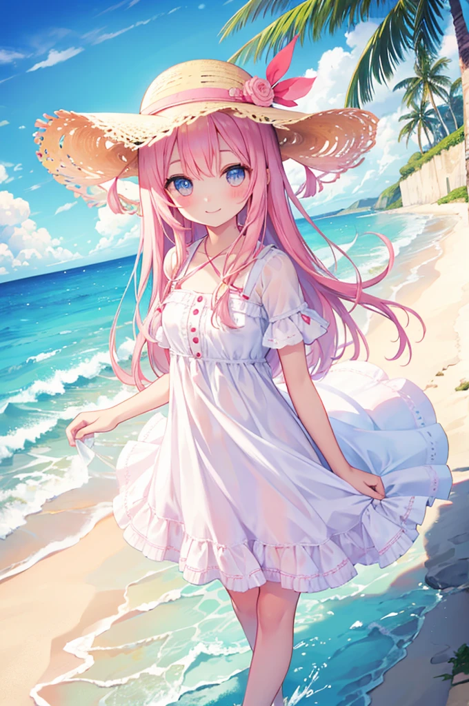 beautiful girl smile Pink straw hat White dress blue sea White sand beach Light of the sun