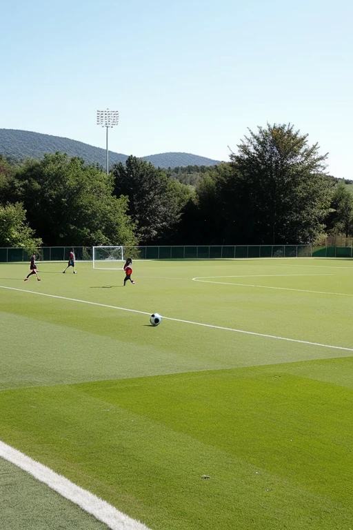 Some dark-skinned people playing soccer on a field from a realistic distance