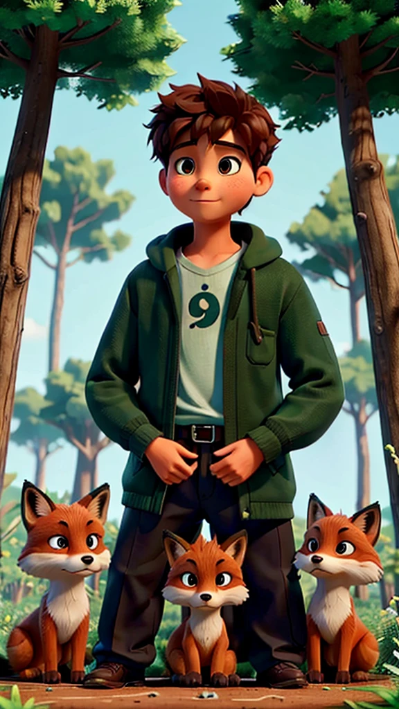 Messy curly-haired boy walking in a magical forest with a fox on the side,  in green shirt and jeans well detailed 8k realistic --auto --s2