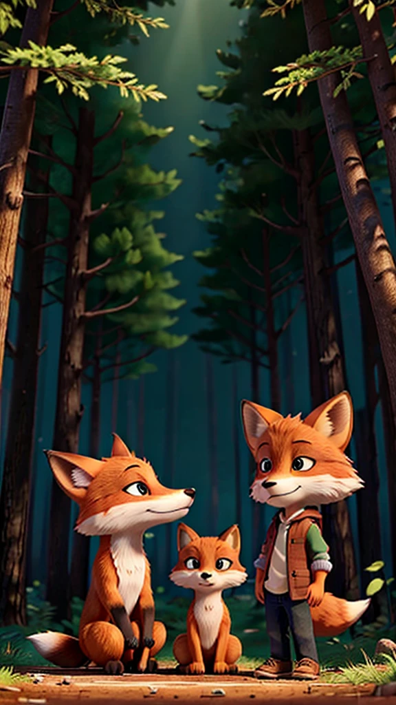 A boy finds a lost fox in the middle of the forest, the fox looking at the boy and the boy looking at the fox head on. They both look at each other.