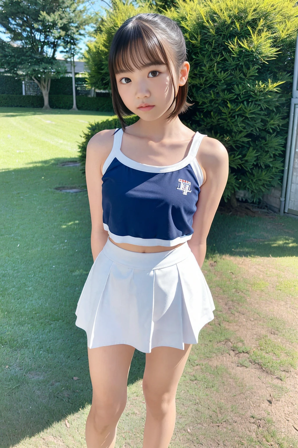 Picture taken from the front, with the left and right sides equally spaced, draw symmetrically, simple background, equally spaced left and right, stand upright, cowboy shot, (arms behind back:1.5), One cheerleader girl, 18 years old, very short hair, ((camisole, miniskirt))