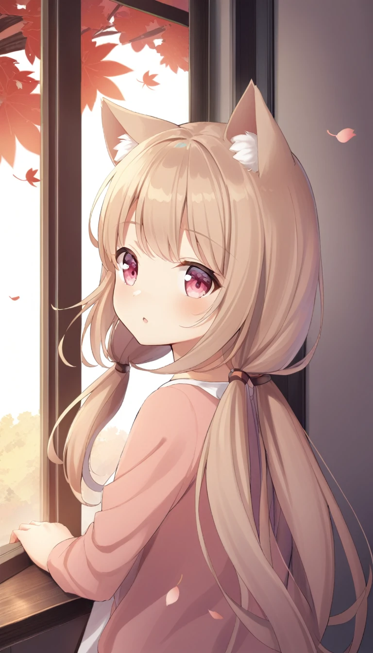 1girl, , long hair, low twintails, fuzzy twintails, light brown hair, cat ears, animal ear fluff, pink eyes, bedroom, window, cherry blossoms, autumn,falling leaves,maple trees, dawn, portrait, upper body