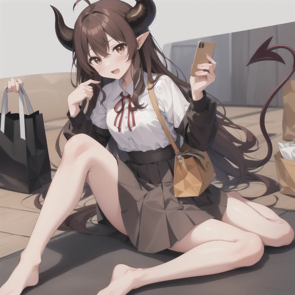 masterpiece:1.2, high quality, best quality, smartphone,skin fang,solo,long skirt,demon girl,knees up,hands up,brown hair,demon horns,fruit,holding phone,holding,brown shirt,no shoes,dated commentary,wifi symbol,tail,blush,ahoge,horns,cellphone,phone,hair between eyes,casual,full body,long hair,cable,yunoppi,food,highres,skirt,sitting,simple background,brown eyes,long sleeves,bag,yoshida yuuko \(machikado mazoku\),1girl,shopping bag,grey background,demon tail,battery indicator,green skirt,peach,machikado mazoku,2023,fang,curled horns,absurdres,open mouth,shirt,tareme,sidelocks,expressive tail