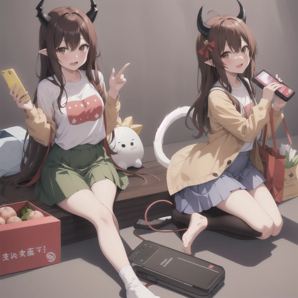 masterpiece:1.2, high quality, best quality, smartphone,skin fang,solo,long skirt,demon girl,knees up,hands up,brown hair,demon horns,fruit,holding phone,holding,brown shirt,no shoes,dated commentary,wifi symbol,tail,blush,ahoge,horns,cellphone,phone,hair between eyes,casual,full body,long hair,cable,yunoppi,food,highres,skirt,sitting,simple background,brown eyes,long sleeves,bag,yoshida yuuko \(machikado mazoku\),1girl,shopping bag,grey background,demon tail,battery indicator,green skirt,peach,machikado mazoku,2023,fang,curled horns,absurdres,open mouth,shirt,tareme,sidelocks,expressive tail