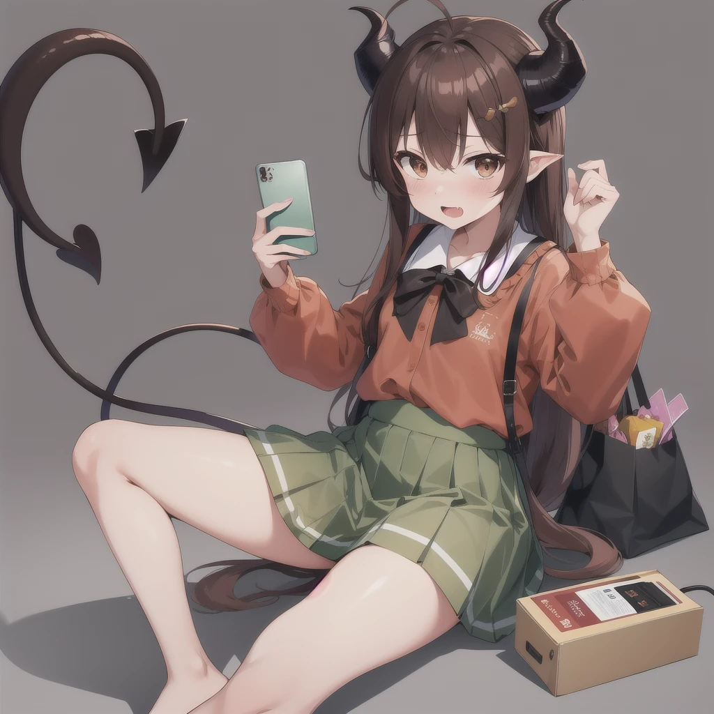 masterpiece:1.2, high quality, best quality, smartphone,skin fang,solo,long skirt,demon girl,knees up,hands up,brown hair,demon horns,fruit,holding phone,holding,brown shirt,no shoes,dated commentary,wifi symbol,tail,blush,ahoge,horns,cellphone,phone,hair between eyes,casual,full body,long hair,cable,yunoppi,food,highres,skirt,sitting,simple background,brown eyes,long sleeves,bag,yoshida yuuko \(machikado mazoku\),1girl,shopping bag,grey background,demon tail,battery indicator,green skirt,peach,machikado mazoku,2023,fang,curled horns,absurdres,open mouth,shirt,tareme,sidelocks,expressive tail