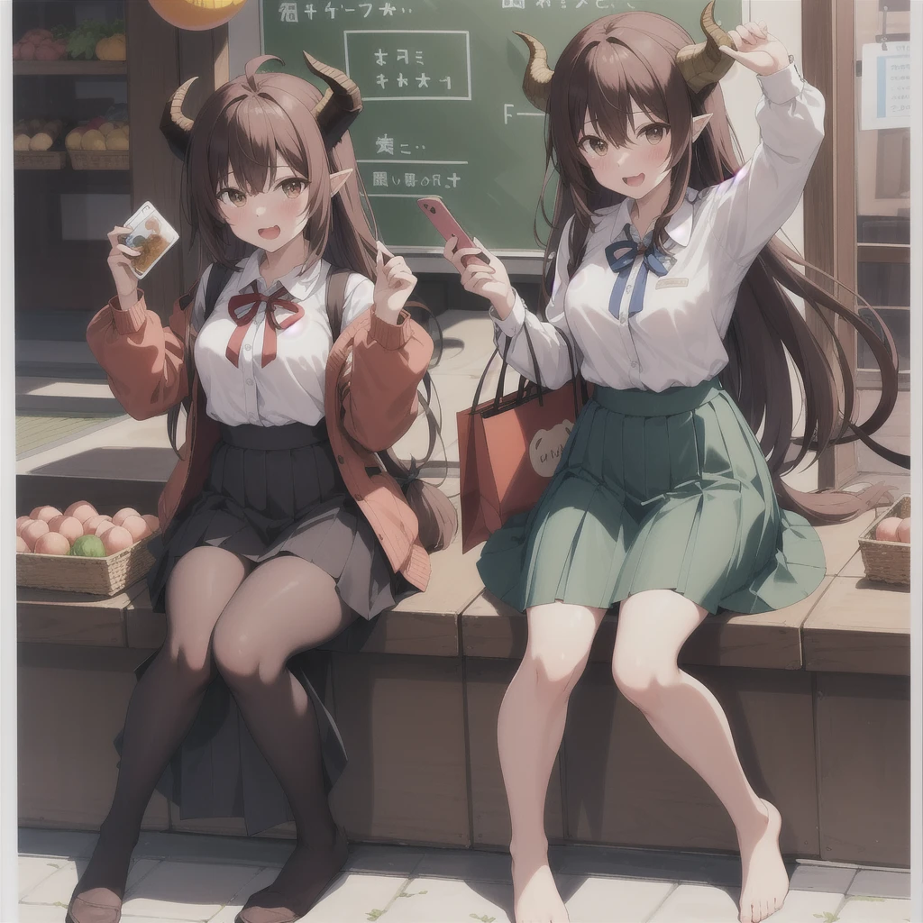 masterpiece:1.2, high quality, best quality, smartphone,skin fang,solo,long skirt,demon girl,knees up,hands up,brown hair,demon horns,fruit,holding phone,holding,brown shirt,no shoes,dated commentary,wifi symbol,tail,blush,ahoge,horns,cellphone,phone,hair between eyes,casual,full body,long hair,cable,yunoppi,food,highres,skirt,sitting,simple background,brown eyes,long sleeves,bag,yoshida yuuko \(machikado mazoku\),1girl,shopping bag,grey background,demon tail,battery indicator,green skirt,peach,machikado mazoku,2023,fang,curled horns,absurdres,open mouth,shirt,tareme,sidelocks,expressive tail