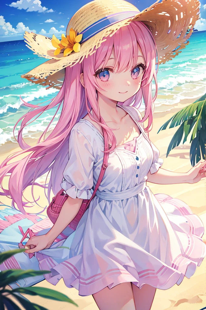 beautiful girl smile Pink straw hat White dress blue sea White sand beach Light of the sun