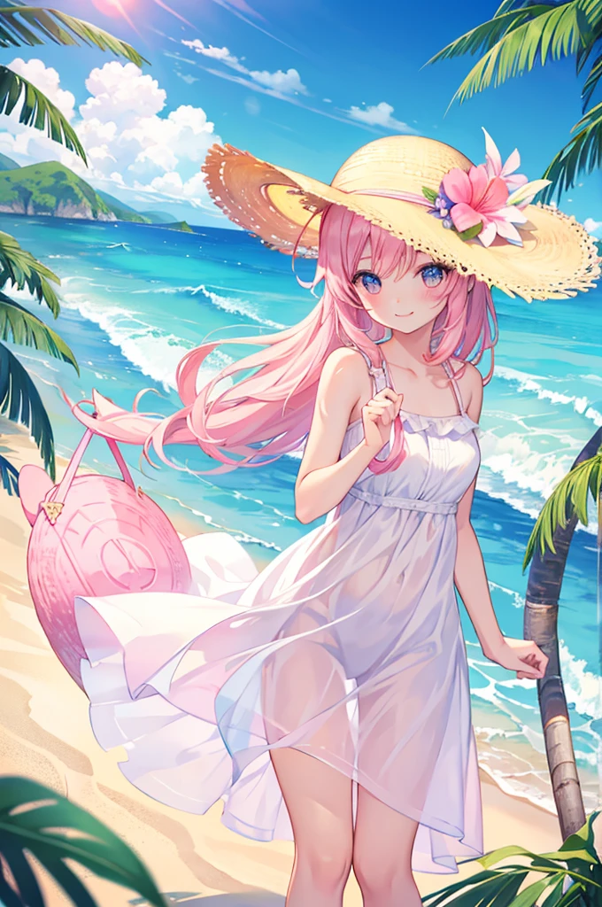 beautiful girl smile Pink straw hat White dress blue sea White sand beach Light of the sun