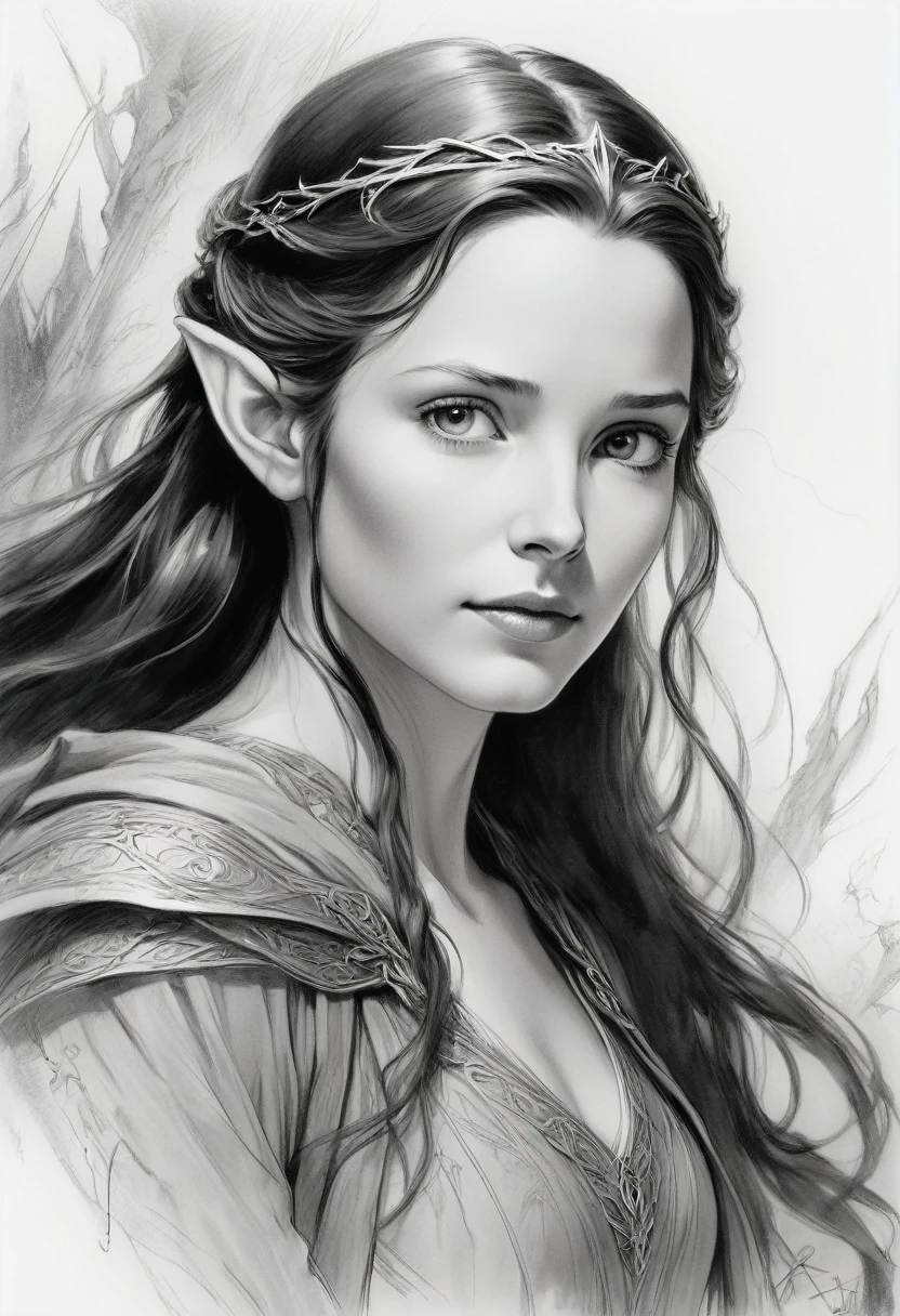 Anime line art of Arwen, up close shot, from The Lord Of The Rings trilogy, in dynamic pose, by Anna Razumovskaya, sketch, best quality, masterpiece, very aesthetic, perfect composition, intricate details, ultra-detailed, B&W