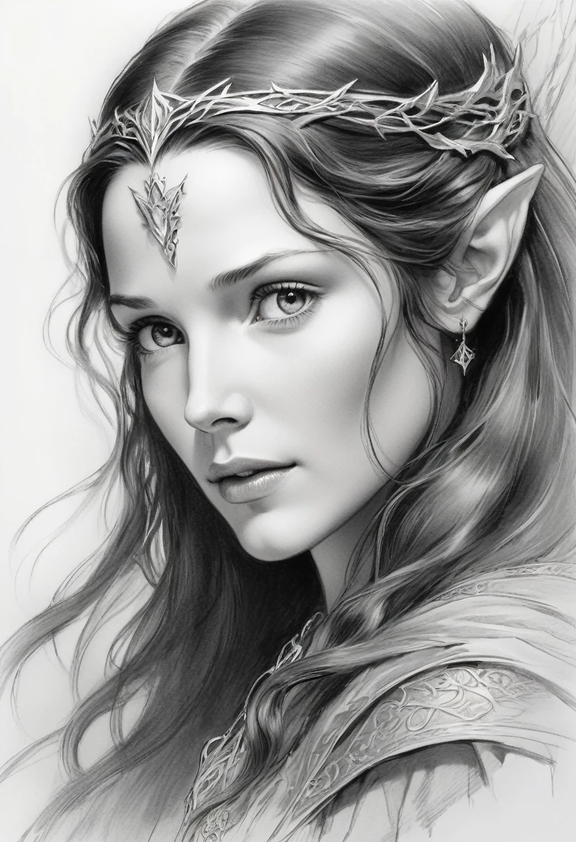 Anime line art of Arwen, up close shot, from The Lord Of The Rings trilogy, in dynamic pose, by Anna Razumovskaya, sketch, best quality, masterpiece, very aesthetic, perfect composition, intricate details, ultra-detailed, B&W