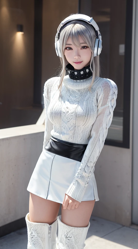 smile、((8K)), ((32k)), ((Highest quality)), ((masterpiece)), ((超A high resolution)), ((Tmasterpiece)), ((Halation:1.4))、((White mechanical headgear:1.3))、((White mecha cyber headphones:1.3))、Fine skin, High quality fabric, ((Beautiful and dense face))、RAW Photos、Professional, Ultra-fine painting, ((alone)), Beautiful breasts、Highest quality, Very detailed, Very detailed詳細, Finer details, so beautiful, Full body description、on a futuristic street、White thigh-high boots、(Woman wearing a black leather miniskirt:1.8)、(Wearing a white knitted turtleneck sweater:1.8)、 take a walk、Beautiful legs、(Machine Eyes:1.3)、drooping eyes: 1.3,, (In 8K) , masterpiece, (No retouching, Lip gloss, False eyelashes, Real Skin, Highest quality, 超A high resolution, Depth of written boundary, chromatic aberration, Caustics, Wide Lighting, Natural Shading))、Korean Idol、Asian woman smiling at camera,、Young and cute gravure idol, Young and skinny gravure idol, Realistic Young Gravure Idol, Young Gravure Idol, Japanese Model, Shot with Canon EOA 6D Mark II, Shot with Canon EOS 5D Mark IV, Young Gravure Idol、(White thigh-high boots:1.5)、(Long silver hair:1.1), cowboy_shot, Side Focus, Shiny、Concept Art, Anime fantasy artwork, (((Long silver hair))), 8K high quality, detailed art, In 8Kのキャラクターアートの3Dレンダリング, neat legs, Defined, Defined fingers,