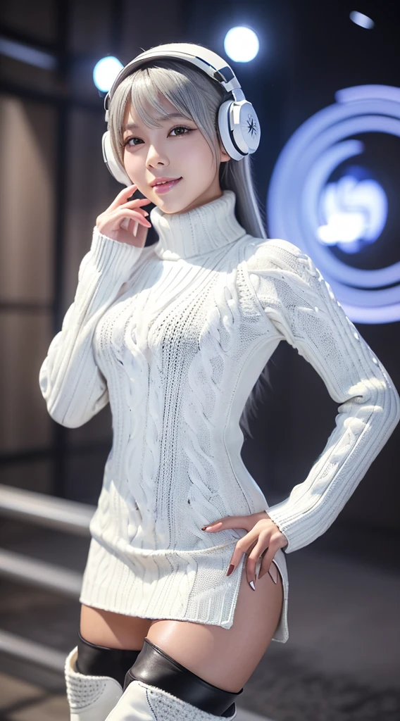 smile、((8K)), ((32k)), ((Highest quality)), ((masterpiece)), ((超A high resolution)), ((Tmasterpiece)), ((Halation:1.4))、((White mechanical headgear:1.3))、((White mecha cyber headphones:1.3))、Fine skin, High quality fabric, ((Beautiful and dense face))、RAW Photos、Professional, Ultra-fine painting, ((alone)), Beautiful breasts、Highest quality, Very detailed, Very detailed詳細, Finer details, so beautiful, Full body description、on a futuristic street、White thigh-high boots、(Woman wearing a black leather miniskirt:1.8)、(Wearing a white knitted turtleneck sweater:1.8)、 take a walk、Beautiful legs、(Machine Eyes:1.3)、drooping eyes: 1.3,, (In 8K) , masterpiece, (No retouching, Lip gloss, False eyelashes, Real Skin, Highest quality, 超A high resolution, Depth of written boundary, chromatic aberration, Caustics, Wide Lighting, Natural Shading))、Korean Idol、Asian woman smiling at camera,、Young and cute gravure idol, Young and skinny gravure idol, Realistic Young Gravure Idol, Young Gravure Idol, Japanese Model, Shot with Canon EOA 6D Mark II, Shot with Canon EOS 5D Mark IV, Young Gravure Idol、(White thigh-high boots:1.5)、(Long silver hair:1.1), cowboy_shot, Side Focus, Shiny、Concept Art, Anime fantasy artwork, (((Long silver hair))), 8K high quality, detailed art, In 8Kのキャラクターアートの3Dレンダリング, neat legs, Defined, Defined fingers,