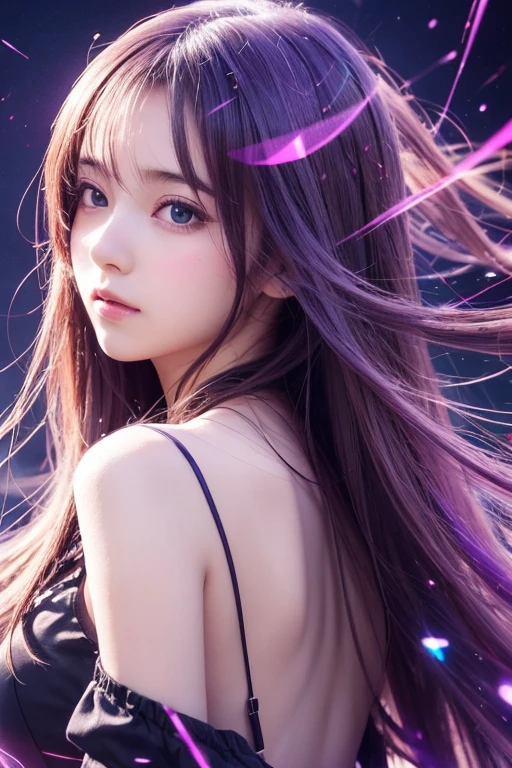 (anime),(cute)(masterpiece), (Highest quality),One girl,Upper Body,(Double exposure:1.2),(Simple Background:1),Bold、clear、PURPLE、 (Movie angle),(Dynamic Angle),Disheveled long hair,(Low contrast),(Flat Color:0.7)
