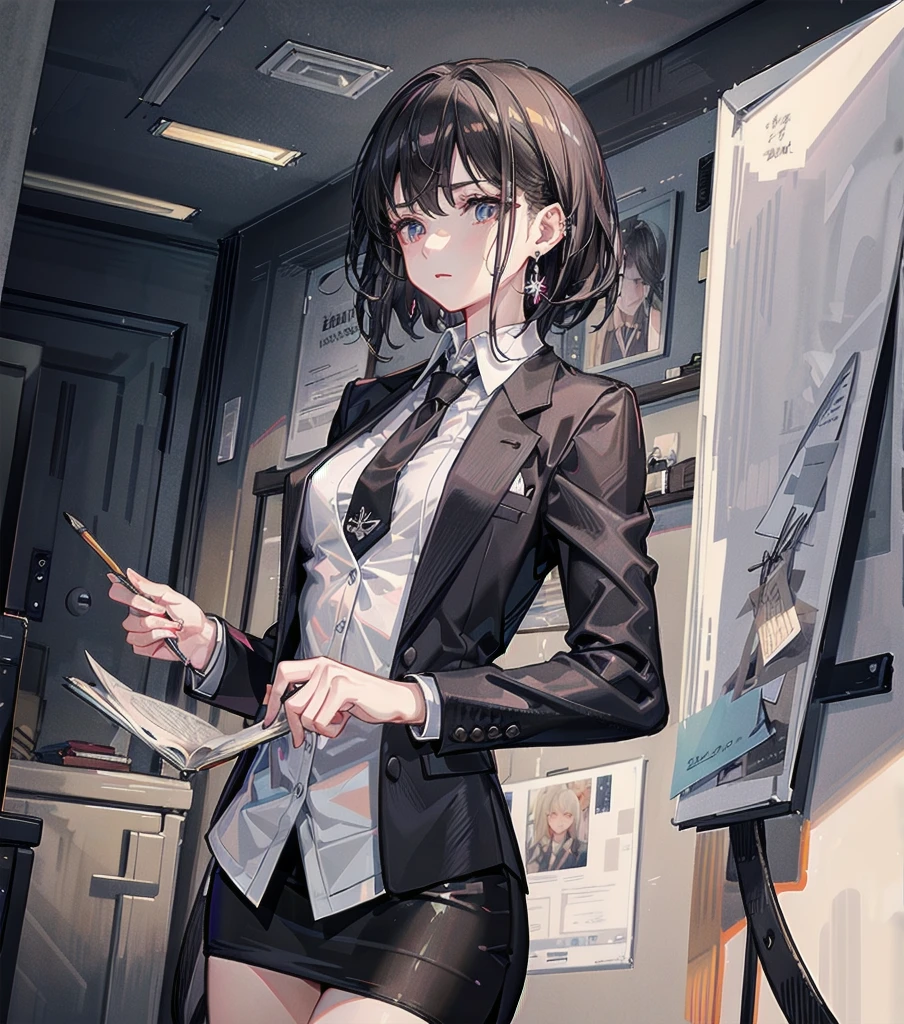 absurdres, RAW photo, extremely delicate and beautiful, masterpiece, Best Quality, ultra high resolution, 32k, hyperrealistic, ultra-detailed, ((perfect anatomy)), super Detailed skin, perfect figure, Very detailed CG 8k wallpaper, in her 20s, very Slim body, narrow waist, very small head, very small face, delicate facial features, tearful mole, earring, thin legs, huge round breasts, whole body shot, shorter middle hair, wavy hair, ((office lady suit)), blouse, blazer, skirt, ((in office)),