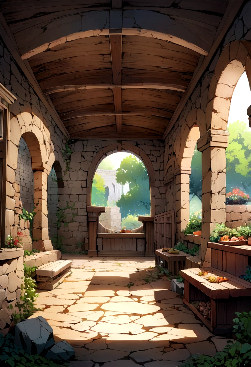 modelshoot style, (extremely detailed CG 8k wallpaper), in the center of the room a wide and long wooden table with food scraps, An old and wide room, with stone walls and little high, without ceiling, at the back of the room there are Roman stone arches in ruins open to a garden
