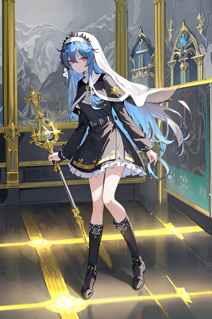 [(cathedral background:1.4)::5],Original,(Illustration:1.1),(Best Quality),(masutepiece:1.1),(the Extremely Detailed CG Unity 8K Wallpapers:1.1), (Colorful:0.9),(mid-shot:0.95),(Full body:1.5),Dynamic Angle,(Solo:1.2), (girl),(((Adult))), (Detailed beautiful eyes:1.15), (Beautiful face:1.15), (Glowing black eyes:1.25////),(Blue Long Hair),(nun headdress),(+perfect hand+:1.21),(Draw an illustration of a Holy Knight Wizard),(Religious),(slender),(she has boots on her feet),((I'm wearing black knee-high socks)),Smile,(Ruffled miniskirt with metal embellishments),beautiful slender adult,((theater background)),